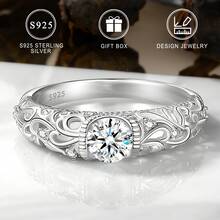 1pc Elegant 925 Sterling Silver Ring, Hollow Carved Design With Round Synthetic , Classic Engagement Wedding Anniversary Gift - Silvery - View 6