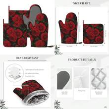 Juego de 4 manoplas de horno y soportes para ollas de color y guantes de silicona resistentes al calor para horno y agarraderas almohadillas para orejas calientes para cocina hornear - Rojo Negro Rosa Flor - Ver 1