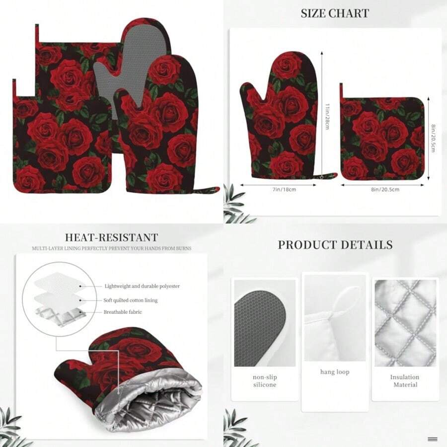 Juego de 4 manoplas de horno y soportes para ollas de color y guantes de silicona resistentes al calor para horno y agarraderas almohadillas para orejas calientes para cocina hornear - Rojo Negro Rosa Flor - Ver 1