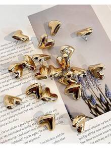 15pcs Heart-Shaped Decorative Push Pins (With Storage Box), Cute Gold Pins, Suitable For Bulletin Boards, Office Or Home Decor (Gold) - Sets - View 6