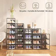 Caja de zapatos de plástico apilable organizador de cajas de zapatos multifuncional con 6 bolsas antipolvo caja de zapatos doméstica para salón y dormitorio - Transparente y negro - Ver 4