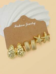 Set de 6/18 pendientes y aretes con diseños de estrella de mar, concha, gota de agua lisa y forma de C con textura, en color dorado, adecuado para verano, viajes y vacaciones - Dorado - Ver 10