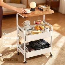 Metal Storage Rack With Solid Wood Tabletop And Wheels, Snack Storage Rack, Durable Steel Frame, Portable Wheels, Multi-Layer Cart - For Office Storage And Organization In Bedroom, Kitchen, Bathroom, Office, And Dorm. - màu đen - Xem 5