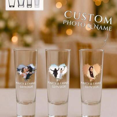 Personalized Wedding Shot Glass, 2oz Glass Material, Customizable With Photo And Name | Suitable As Bridesmaid Gift, Valentine's Day Gift, Wedding Decor, Birthday Party Gift, 18th Birthday Gift, Unique Birthday Gift, Photo Souvenir, Fun Birthday Gift, Men's Gift, Shot Glass With Face Pattern, Shot Glass With Photo, Customized Birthday Shot Glass, Personalized Gift And Groomsman Gift