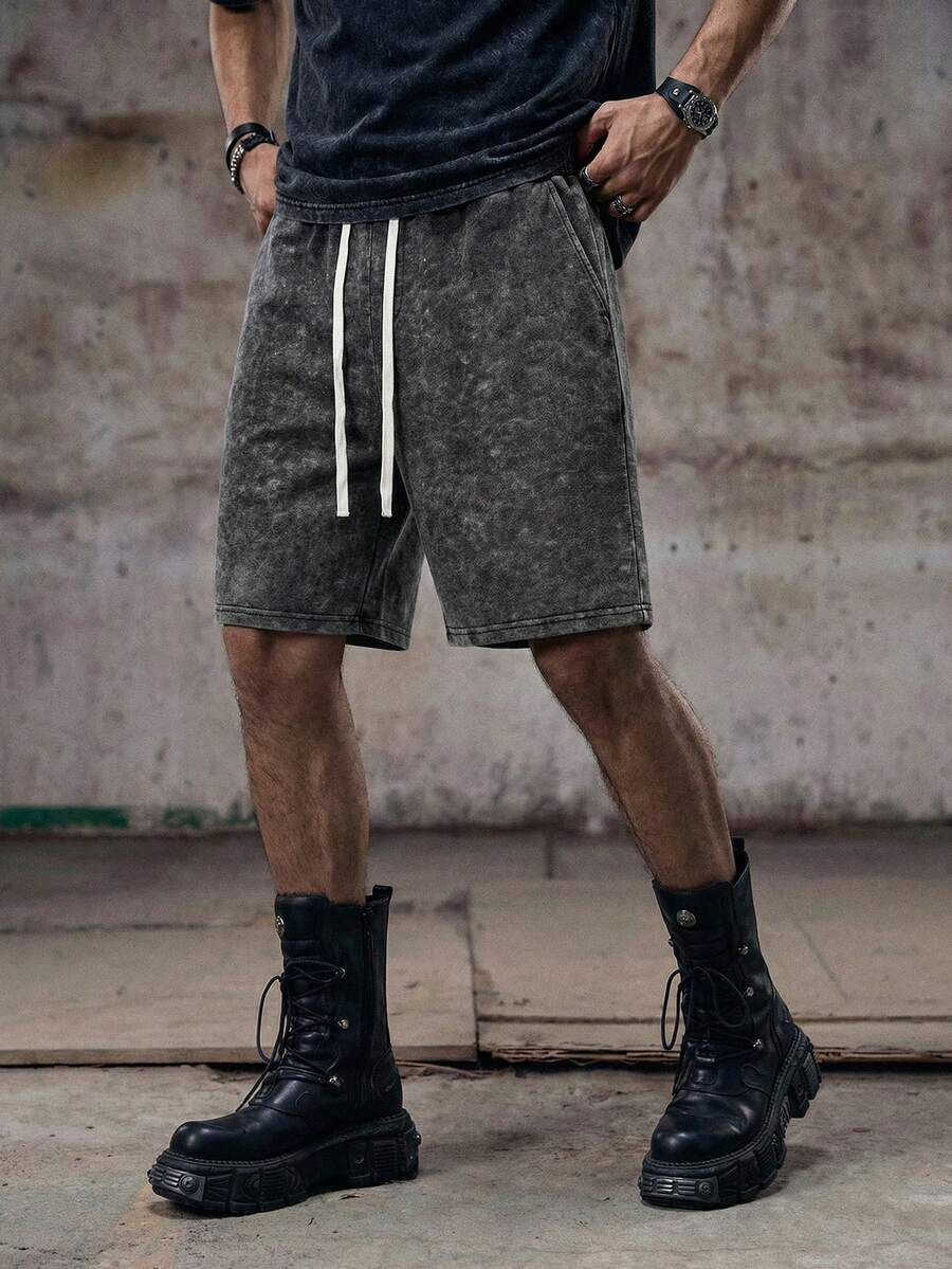 Skyrend Pantalones cortos deportivos de verano para hombres, de unicolor y lavados, con ajuste holgado y cordón en la cintura, pantalones cortos de playa con bolsillos, estilo emo y de los años 2000 - Negro - Ver 1