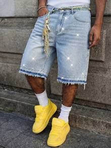 Herren Sommer Jeans-Shorts ohne Stretch mit Galaxie-Strass-Dekor, Sternenhimmel-Muster, knielange Shorts, glänzender Streetstyle Essential | Leuchtendes Party-Highlight - Helle Waschung - Übersicht 1