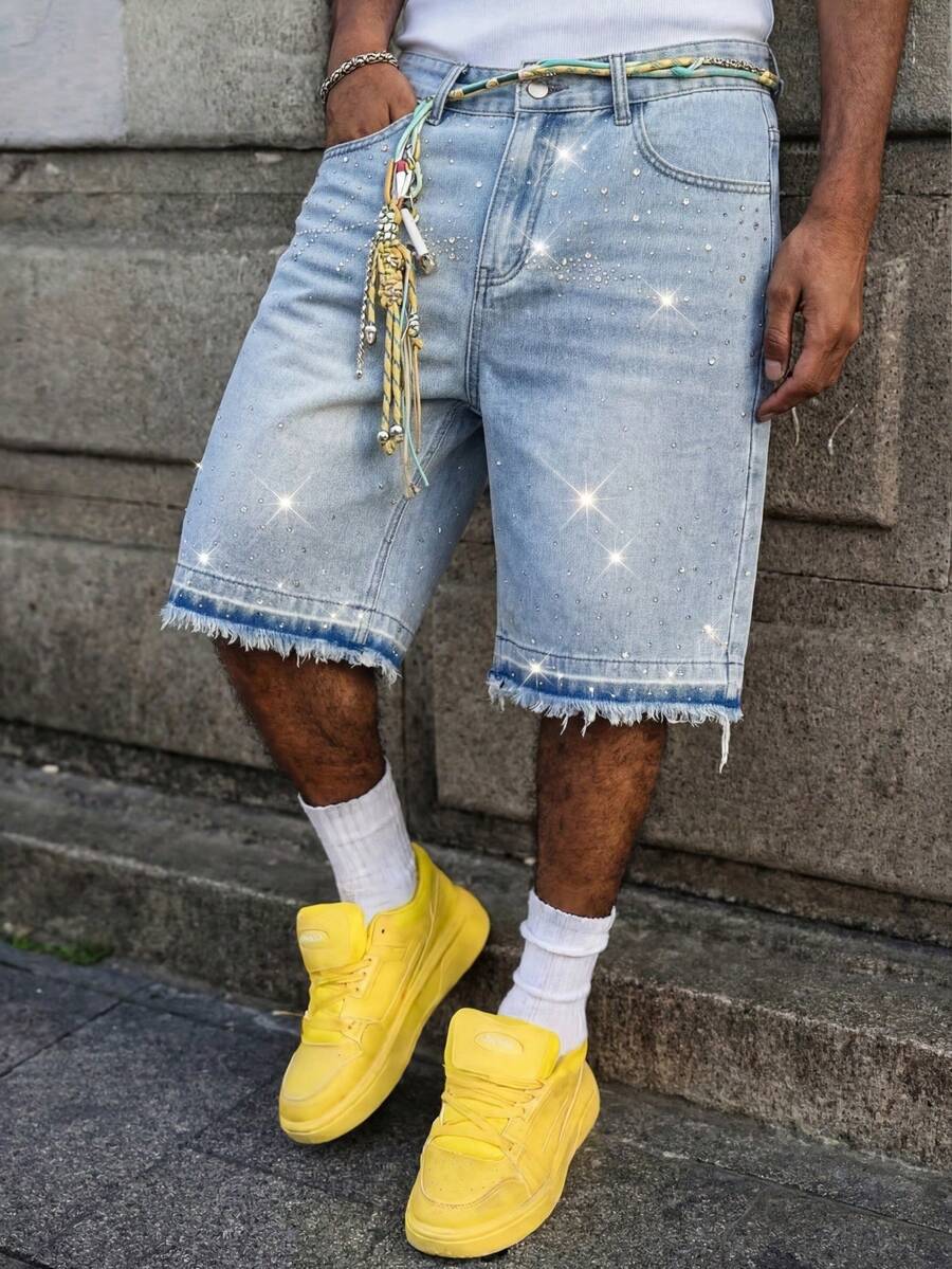 Herren Sommer Jeans-Shorts ohne Stretch mit Galaxie-Strass-Dekor, Sternenhimmel-Muster, knielange Shorts, glänzender Streetstyle Essential | Leuchtendes Party-Highlight - Helle Waschung - Übersicht 1