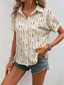 Plus Size Women Allover Print Single-Breasted Casual Versatile Daily Wear Shirt Vacation Summer - Apricot - View 3