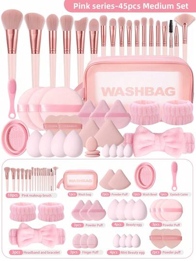 Bộ dụng cụ trang điểm 18/19/26/27/45 món, bao gồm 1 túi đựng mỹ phẩm chống thấm nước, 18 cọ trang điểm, bông mút trang điểm, bông phấn, băng đô và dung dịch vệ sinh cọ, bộ dụng cụ làm đẹp hoàn chỉnh dành cho phụ nữ.