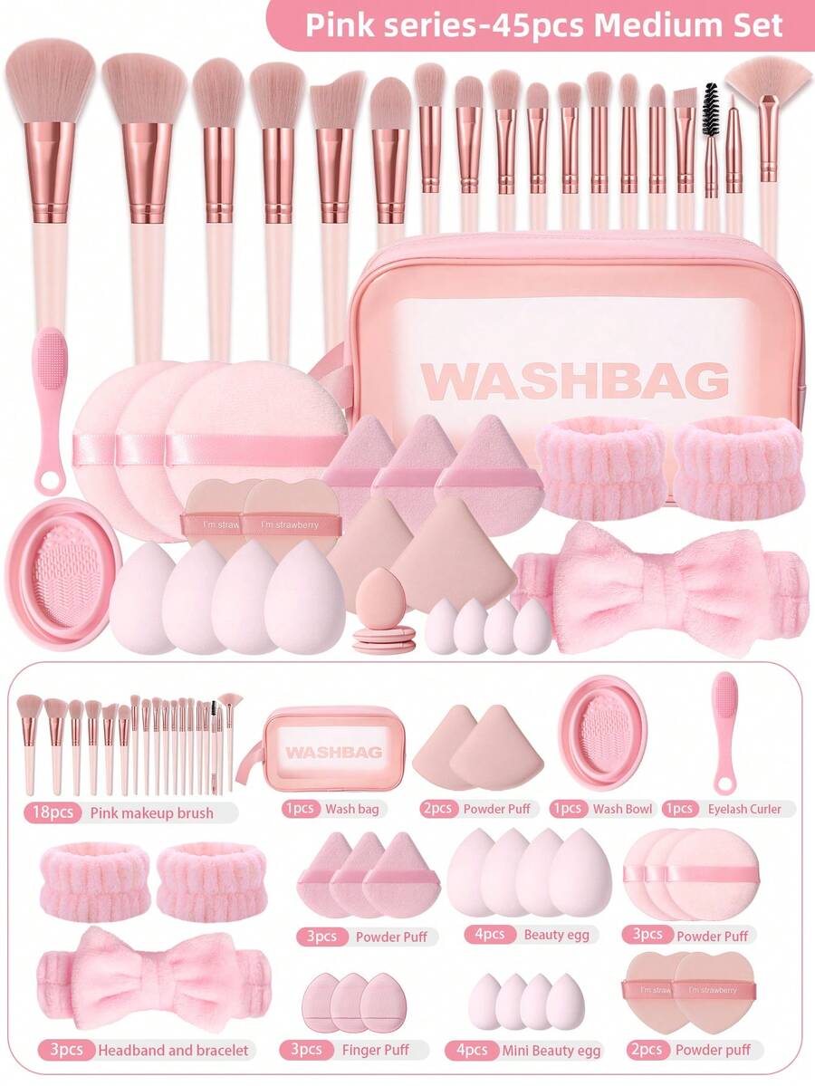 Bộ dụng cụ trang điểm 18/19/26/27/45 món, bao gồm 1 túi đựng mỹ phẩm chống thấm nước, 18 cọ trang điểm, bông mút trang điểm, bông phấn, băng đô và dung dịch vệ sinh cọ, bộ dụng cụ làm đẹp hoàn chỉnh dành cho phụ nữ. - Hồng - Xem 1