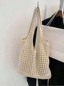 Yogodlns Women's Knitted Shoulder Bag, Vintage Hollow-Out Woven Large-Capacity Floral-Decorated Handbag, Crochet Bag, Perfect For Beach, Travel, Shopping, And Vacation Essentials, An Ideal Choice To Complement Women's Beach Accessories, The Most Popular Women's Beach Bag, Beach Essentials, Beach Supplies, Beach Gear, And Summer Necessities. - 淺褐色的 - 查看 4
