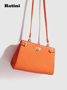 Hatini Unisex Design Fashion Handbag, Versatile Orange Large Capacity Square Bag, Artificial Leather Crossbody Bag With Adjustable Strap. Commuter-Ready Women's Bag, Perfect For Office, Commuting, Dates, Shopping, Casual Wear, Vacations, Beach, Music Festivals, Parties, Weddings, And School - 橘色 - 查看 4
