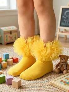 1双儿童/女婴荷叶边花卉图案袜子 - 黃色 - 查看 6