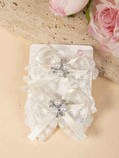 2件套精致蕾丝珍珠蝴蝶结发饰，适合日常使用