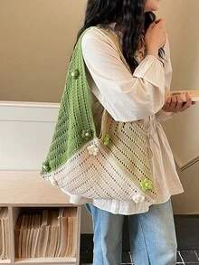 1件装撞色鱼形设计大容量单肩手提包，时尚钩编包，波西米亚风沙滩度假日常女包 - 綠色 - 查看 5
