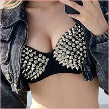 Riveted Lingerie, Women'S Bra Adorned With Rhinestones, Golden/Silver Sequin Fashion Crop Top For Belly Dance Underwear - 黑色 - 查看 2