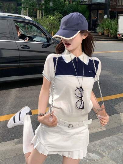 Women's Casual Patchwork Short Sleeve Knit Top, Versatile For Daily Wear