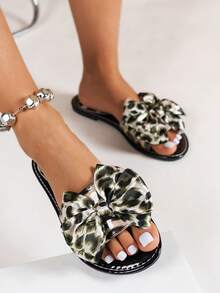 Women's Fashion Slide Sandals, Elegant Leopard Print Oversized Bow Flat Slippers, High-End Comfortable, Suitable For Home, Outdoor, Vacation, Beach And Various Occasions - Beige - View 5