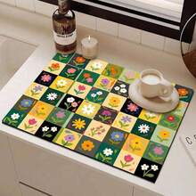 1 pièce, tapis de drainage à motif floral coloré et à carreaux, convient pour absorber l'eau sur les plans de travail dans les cafés, les éviers de cuisine, les machines à laver, etc. Design patchwork floral de style bohème, disponible en différentes tailles. - FULSD029 - Voir 7