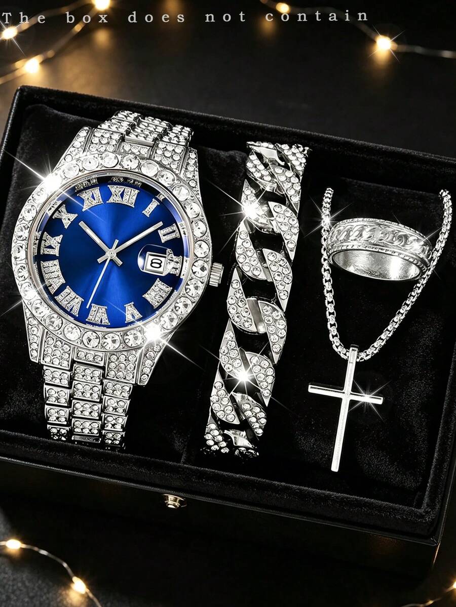 4pcs/Set Fashion Business Casual Men's Watch Set, Large Dial Round Steel Band Quartz Watch, Includes Personalized Chain Bracelet, Cross Pendant Necklace, Ring Accessory Combo, Suitable For Men's Gift, Applicable For Holiday, Business, Party And Daily Wear