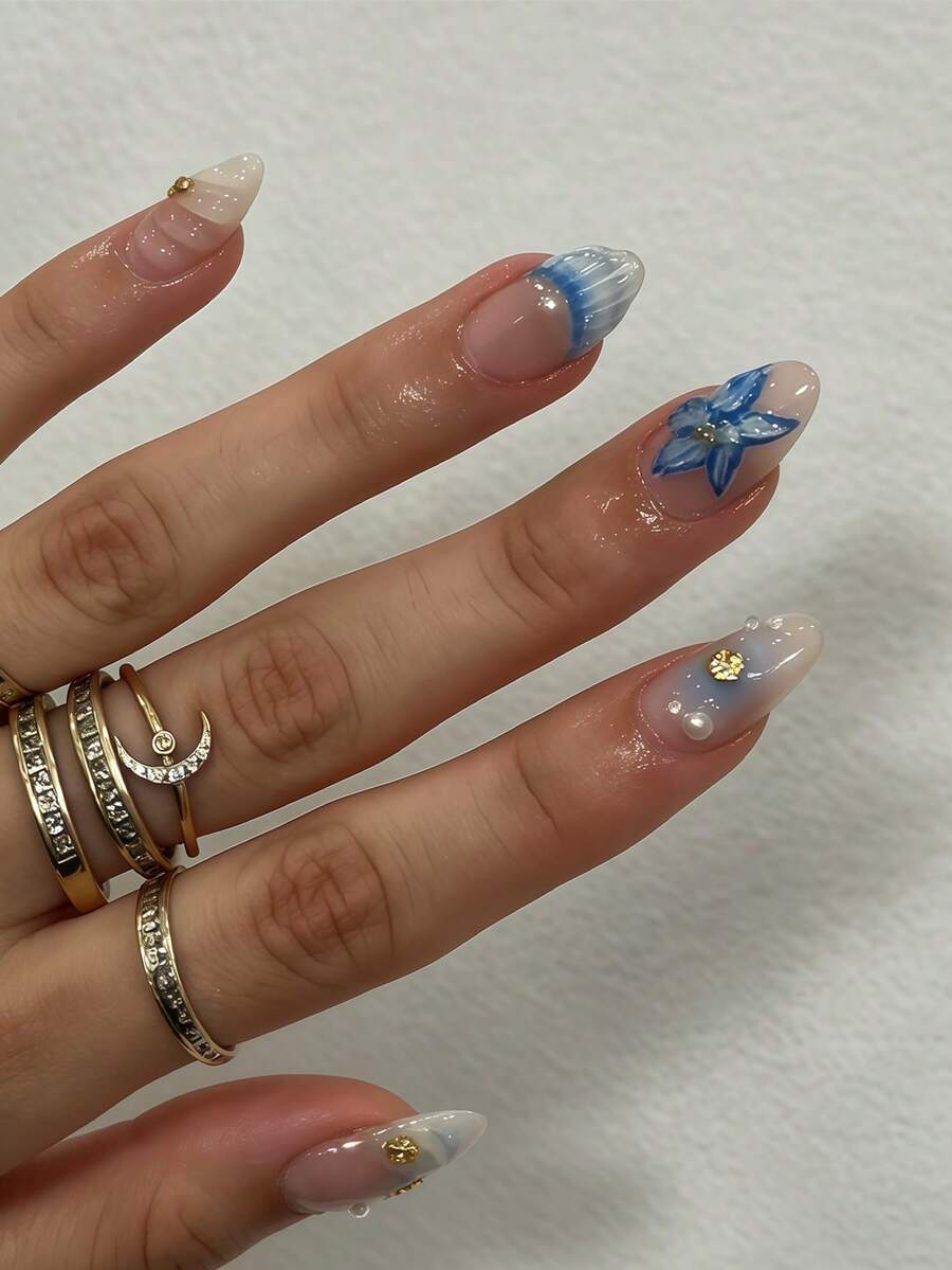 24pcs Almond-Shaped Elegant Flower, 3D Pearl, Seashell Pattern French Tip Full Cover Press-On Nails, Suitable For Ladies & Girls Summer Party, Office, Daily Wear, Includes 1 Adhesive Sheet And 1 Mini Nail File, Random Color Delivery - Multicolor - View 1
