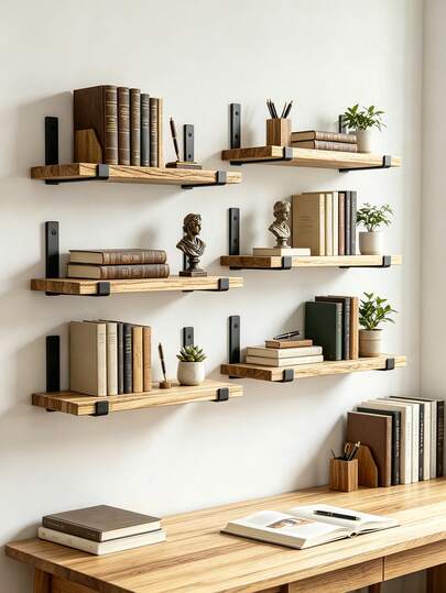 1/3件套乡村风木质悬浮置物架，配黑色金属支架，工业风壁挂式储物架，农舍风格悬挂式收纳架，适用于厨房调料、浴室毛巾、卧室书籍、客厅装饰、家居收纳用品