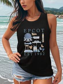 EPCOT EST 1982 Theme Park Print Tank Top For Women, Retro Graphic Loose Fit Sleeveless Vest Casual Summer Vacation Streetwear Top. - 黑色 - 查看 1