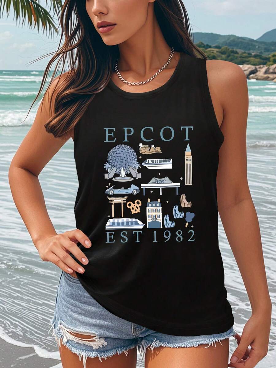 EPCOT EST 1982 Theme Park Print Tank Top For Women, Retro Graphic Loose Fit Sleeveless Vest Casual Summer Vacation Streetwear Top. - 黑色 - 查看 1