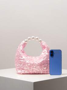 (Random Pattern) Women's Sequin Bag, Pearl Bag, Party Dress Accessory, Ball Gown Accessory, Wedding Supplies, Elegant Women's Wallet, Women's Gift - Pink - View 3