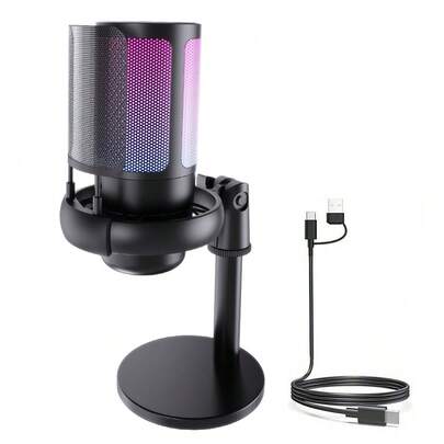 Gaming Microphone For PC: USB Mic For Podcasts Videos & Streaming - Condenser Mic With Quick Mute & Pop Filter - RGB Microphone Gift For Gamer Boys