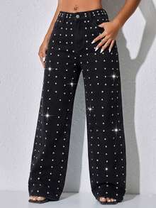 Custom Bead Low Waist Wide Leg Casual Blue Ripped Slanted Pocket Curved Women'S Jeans Fall Clothes Spring Black - Black - View 3