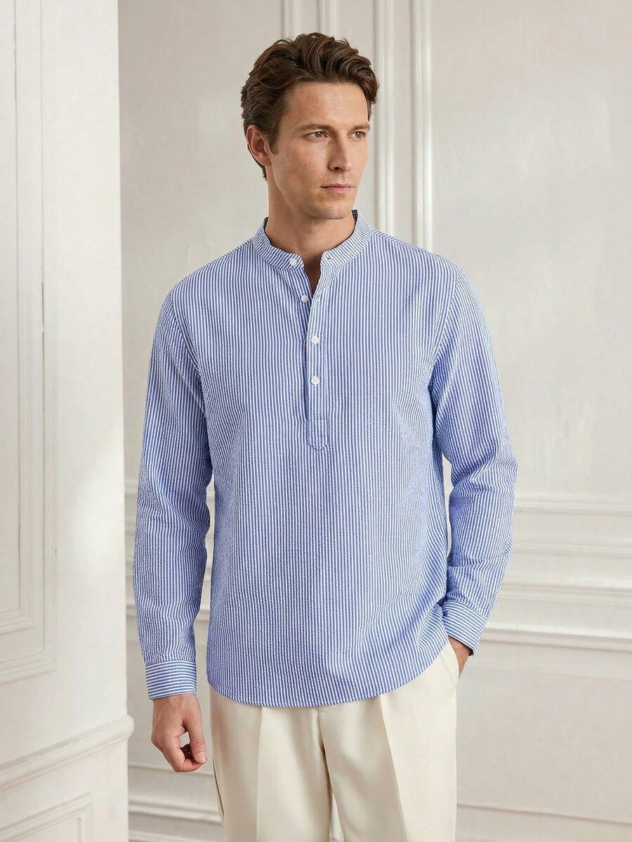 Officeau Men's Blue Solid Stand Collar Long Sleeve Polyester Loose Fit Shirt, Button, Button Front, Ribbed, Button Down Shirt, Casual, Comfortable, Versatile Gift For Father/ Husband
