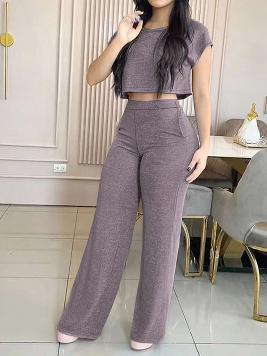 Women's Casual Elegant Solid Color Pocket 2 Pieces Set, Spring/Summer - Dusty Purple - View 1