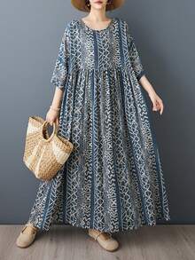 Đầm dài dáng chữ A màu xanh dương cổ điển phong cách Bohemian dành cho nữ cỡ lớn năm 2026, cổ tròn, tay cánh dơi, không co giãn, có lớp lót bên trong, thích hợp cho kỳ nghỉ. - Màu xanh hải quân - Xem 1