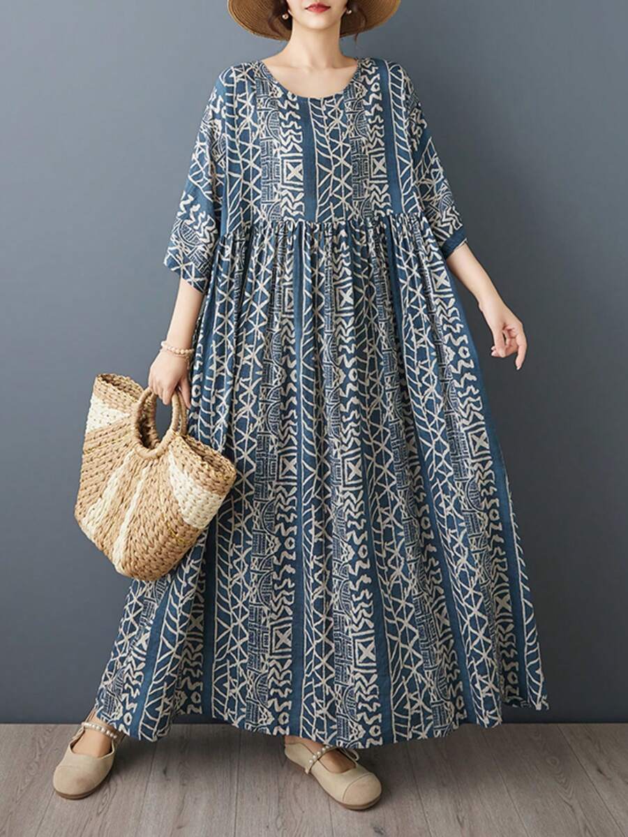 Đầm dài dáng chữ A màu xanh dương cổ điển phong cách Bohemian dành cho nữ cỡ lớn năm 2026, cổ tròn, tay cánh dơi, không co giãn, có lớp lót bên trong, thích hợp cho kỳ nghỉ. - Màu xanh hải quân - Xem 1