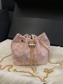 Fashionable Drawstring Printed Bucket Crossbody Bag, Versatile Chain Shoulder Bag For Women - Pink - View 10