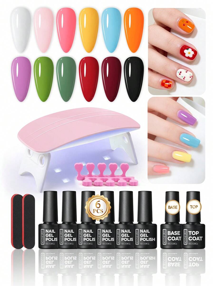 coscelia Kit de uñas de gel de colores vibrantes con lámpara UV LED, set de gel de uñas, esmalte de uñas de gel azul de verano, suministros profesionales para uñas, kit de uñas para principiantes