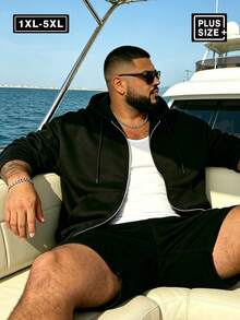 Plus Size Men's Hooded Sweatshirt Black Sports - Black - View 6