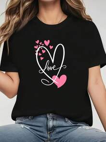 Summer Outfits For WomenWomen'S T-Shirt Featuring A Pink Heart-Shaped Print, Black Short-Sleeve Round Neck, Machine Washable, Suitable For Spring, Summer, And Autumn, Casual Style, Comfortable Fit, Design, Versatile For Everyday Wear, Soft Fabric, Fashionable Stylesummer Outfits For Womensummer Outfits For Women,Summer Tops - màu đen - Xem 7
