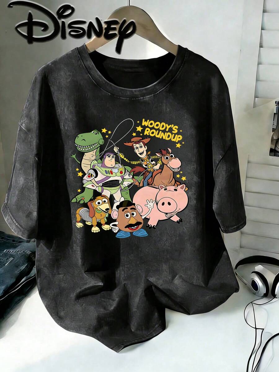 Disney Toy Story Woody's Roundup Vintage Washed Black Oversized Cotton T-Shirt, Extra Large Baggy Fit Tee For Kids & Adults, Disney Fans Casual Top - màu đen - Xem 1
