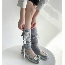 Ballet-Style Sweet Girly Niche Lace-Up Bow-Knot Stacked Knit Solid Color Leg Warmers, Korean Versatile Split Leg Warmers - 乳白 - 查看 2