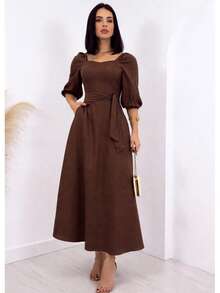 Women's Elegant Wide Dress With 3/4 Sleeve, A-Line Cut, Adjustable Waist And Square Neckline – Fashion Casual Chic Spring Summer Casual Elegant And Casual Fabric - 鏽棕色 - 查看 2