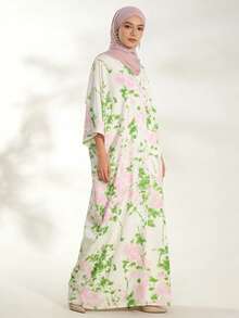1pc Floral Print Button Down Long Robe, Suitable For Holiday, Vacation, Daily Wear, Summer - White Robe - White - View 3
