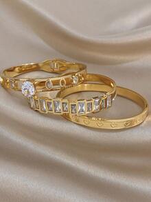 18K Gold Plated Luxury Elegant Oval Zirconia Heart Embossed Bangle Bracelet Set, Stainless Steel Jewelry, For Women Ladies, Summer Bohemia Beach Jewelry, Vacation Season, Gifts For Mom, For Daily Party Dates Gala Wedding Valentine Anniversary Music Festival Christmas, Dates, Easter Day - Multicolor - View 6
