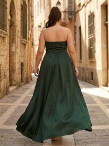 YISIKADO Plus Size Women Strapless Prom Party Dress Contrast Mesh Split Thigh Elegant Long Dress For Wedding Guest Dinner Graduation Homecoming - Dark Green - View 2