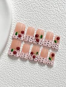 10Pcs Sweet Cherry Style Handmade Nail Art Set,Unghie Press On,Cherries, Patterns, Polka Dots,Pink, Black And Red Nail Polish,Includes Nail Tools,3 Sizes Available,Almond Nails , Duck Nails,Coffin Nails For Party, Dance, Daily Wear - 彩色 - 查看 18