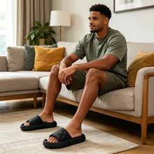 Men's Sandals, Men's Flip Flops, Sandals, Flip Flops, Slippers, Beach Sandals, Men's Slippers, Men's Solid Color Geometric Pattern Decorated Upper EVA Sole Slippers Sandals, Casual Holiday Style Solid Color Flat Sandals Slippers - Black - View 5