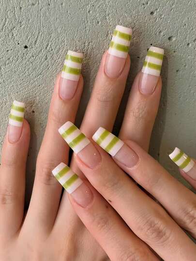 Fresh Simple Summer Style Green And White Striped, French-Edged, Minimalist Acrylic Press-On Nails. Long, Square-Shaped-A Versatile Choice Perfect For Daily Wear And The Office. Easy To Match With Any Outfit. Includes 24pcs Fake Nails, 1 Sheet Of Jelly Adhesive Tabs, And 1 Nail File.