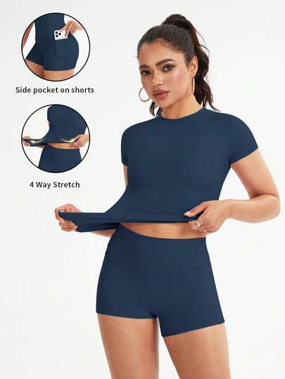 6pecil Set de 2 piezas de pantalones cortos deportivos de cintura alta con control de abdomen y elevación para mujer, conjunto deportivo de mujer, conjunto de fitness de verano