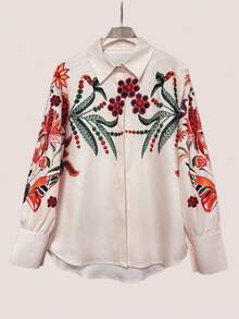 Camisa de mujer con estampado digital para primavera/verano, elegante y casual, cárdigan suelto de manga larga con solapa, versátil para uso diario, ir al trabajo, vacaciones - Albaricoque - Ver 5